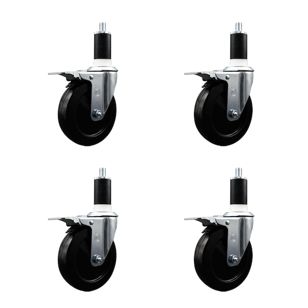 5'' SS Soft Rubber Swivel 1-3/8'' Expanding Stem Caster Set Total Lock Brake, 4PK